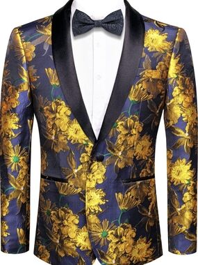 Navy & Gold Floral Shawl Lapel Tuxedo Blazer
